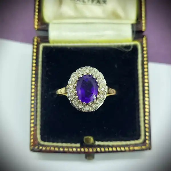 Coloured Gemstone Rings Ireland  - 9ct Gold Amethyst & Diamond Cluster Ring