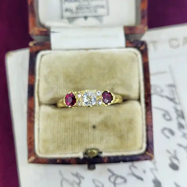 18ct Yellow Gold Antique Ruby & Diamond Three Stone Ring-antique-ruby-and-diamond-ring-in-18ct.webp