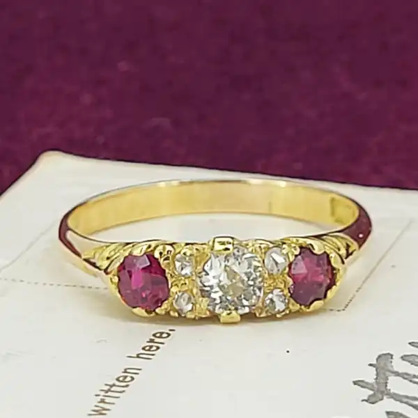 18ct Yellow Gold Antique Ruby & Diamond Three Stone Ring-antique-ruby-and-diamond-ring-in-18ct.webp