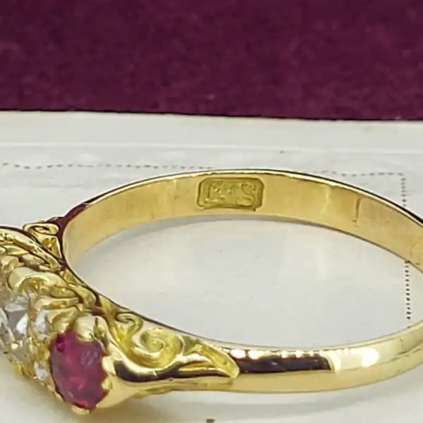 18ct Yellow Gold Antique Ruby & Diamond Three Stone Ring-antique-ruby-and-diamond-ring-in-18ct.webp