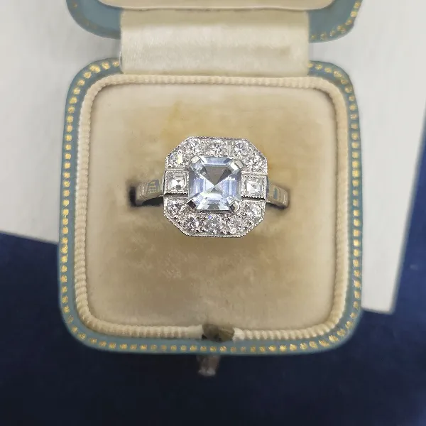 Platinum Art Deco Style Aquamarine & Diamond Ring- Side View 