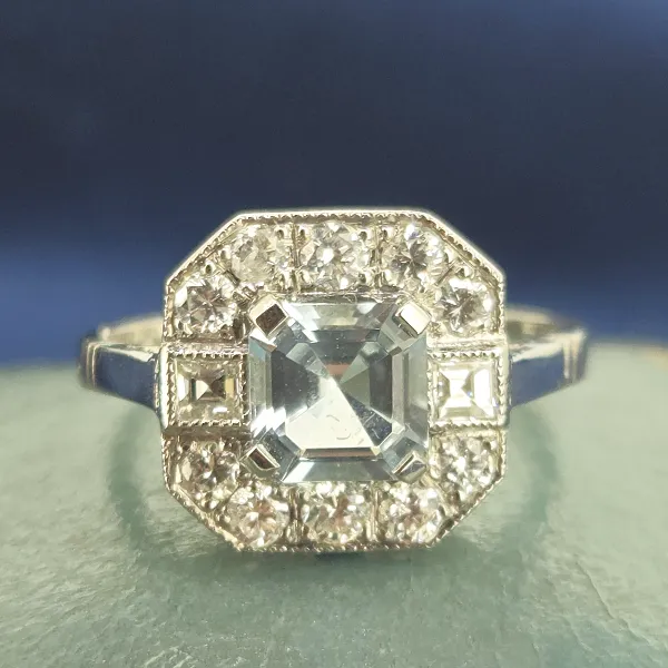 Platinum Art Deco Style Aquamarine & Diamond Ring- Front View 