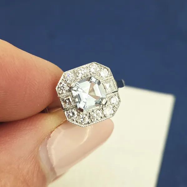 Platinum Art Deco Style Aquamarine & Diamond Ring- Close Up 