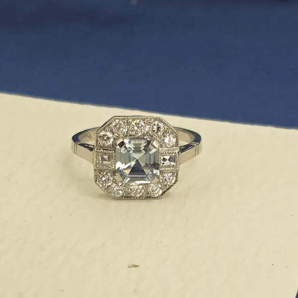Platinum Art Deco Style Aquamarine & Diamond Ring- Reverse Angle 