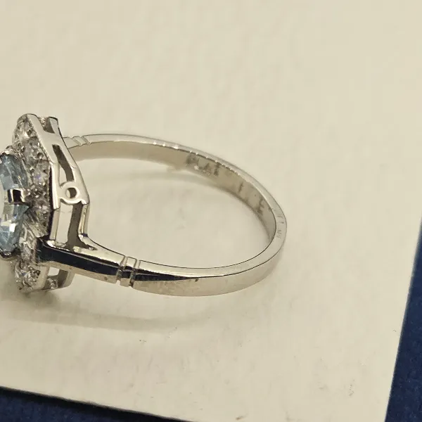 Platinum Art Deco Style Aquamarine & Diamond Ring- Crown View 