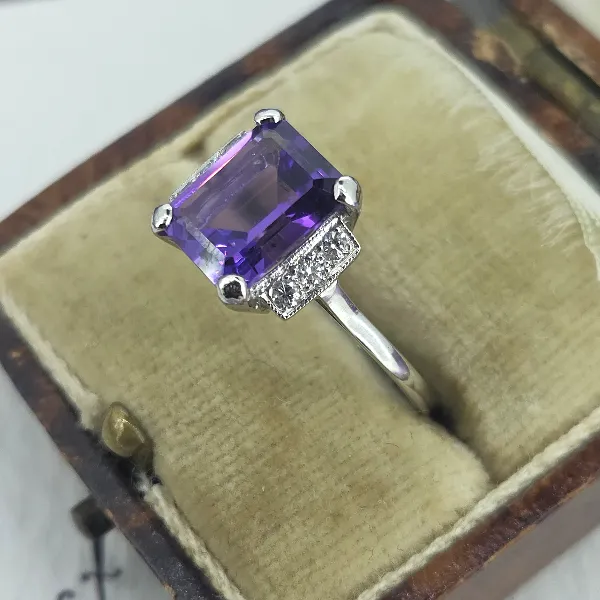Art Deco Amethyst and Platinum Ring in Platinum- Front View 