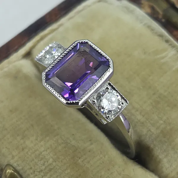 Art Deco Amethyst and Platinum Trilogy Ring set in Platinum- Front View 