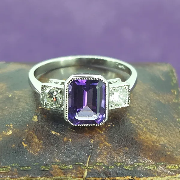 Art Deco Amethyst and Platinum Trilogy Ring set in Platinum- Close Up 