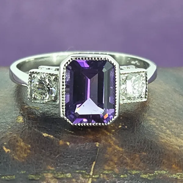 Art Deco Amethyst and Platinum Trilogy Ring set in Platinum- Reverse Angle 