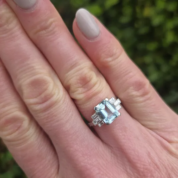 Art Deco Aquamarine & Diamond Ring in Platinum-Top Left View 