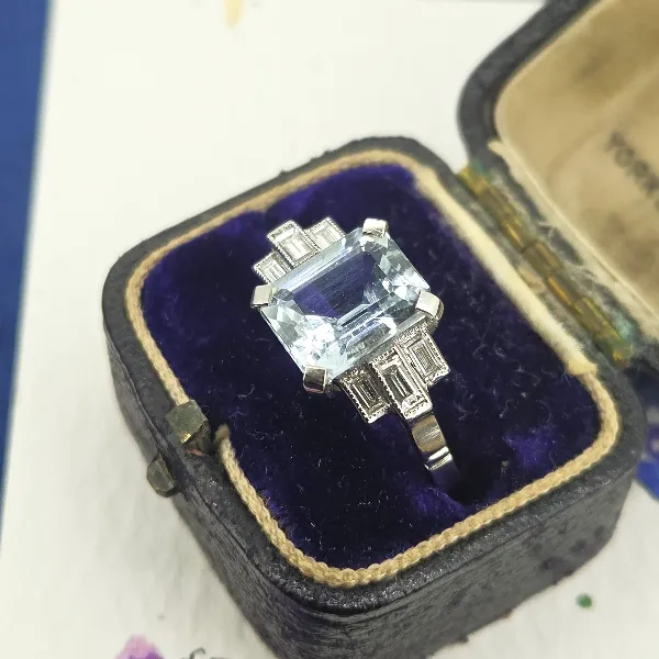 Art Deco Aquamarine & Diamond Ring in Platinum- Front View 