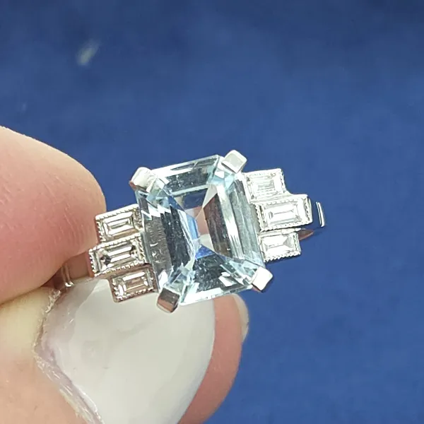 Art Deco Aquamarine & Diamond Ring in Platinum- Close Up 