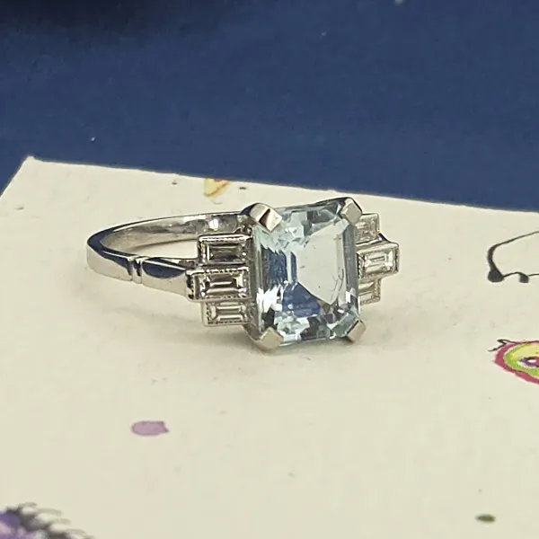 Art Deco Aquamarine & Diamond Ring in Platinum- Reverse Angle 