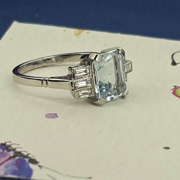 Art Deco Aquamarine & Diamond Ring in Platinum- Crown View 