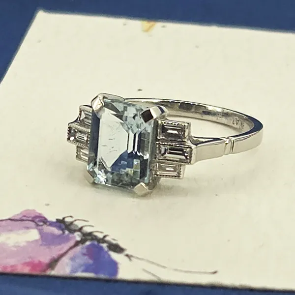 Art Deco Aquamarine & Diamond Ring in Platinum- Magnified 