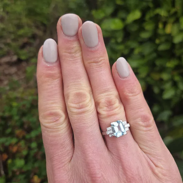 Art Deco Aquamarine & Diamond Ring in Platinum-Left View 