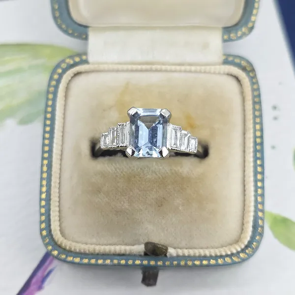 Art Deco Aquamarine & Emerald Cut Diamond Ring in Platinum- Side View 