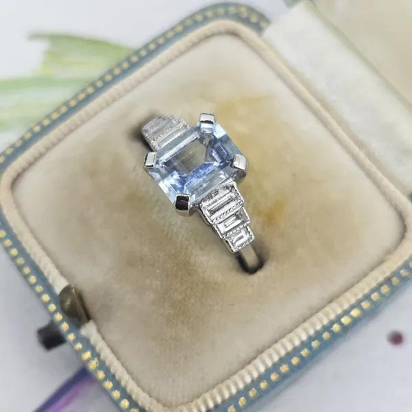 Art Deco Aquamarine & Emerald Cut Diamond Ring in Platinum- Front View 