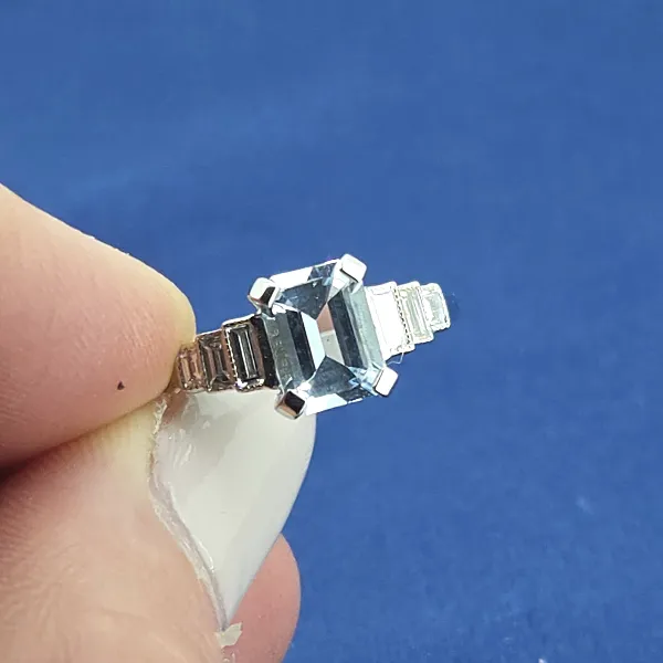 Art Deco Aquamarine & Emerald Cut Diamond Ring in Platinum- Close Up 