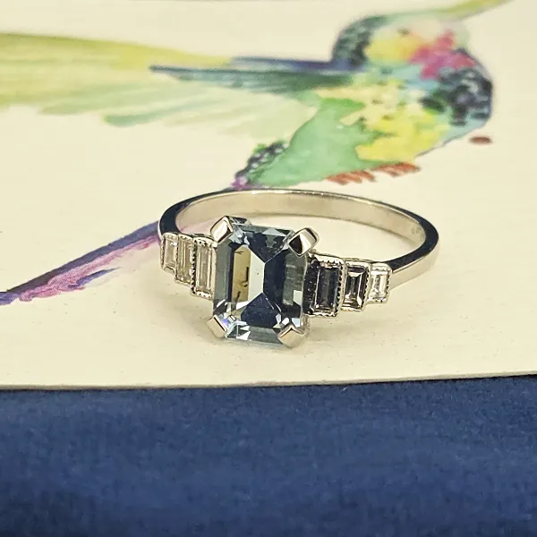 Art Deco Aquamarine & Emerald Cut Diamond Ring in Platinum- Reverse Angle 