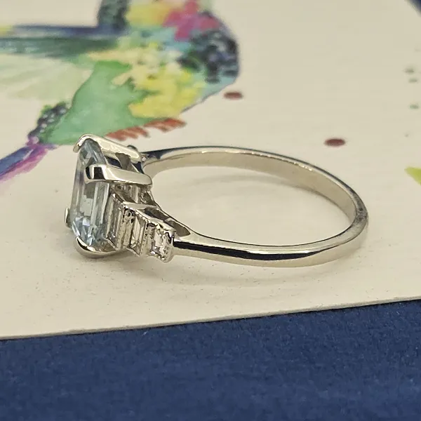 Art Deco Aquamarine & Emerald Cut Diamond Ring in Platinum- Crown View 