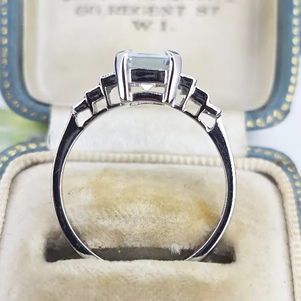 Art Deco Aquamarine & Emerald Cut Diamond Ring in Platinum- Magnified 