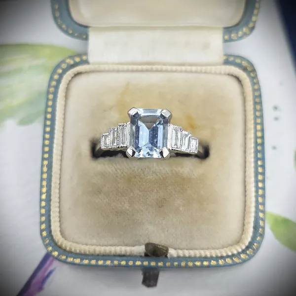  Thumbnail of Art Deco Aquamarine & Emerald Cut Diamond Ring in Platinum
