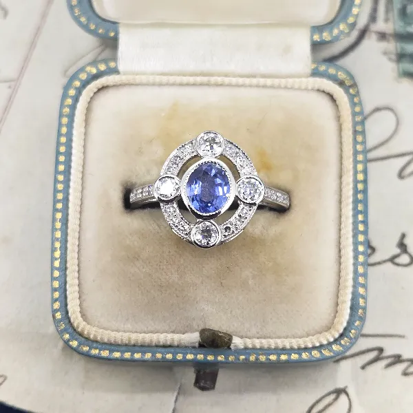 Art Deco Sapphire & Diamond Ring in Platinum- Side View 