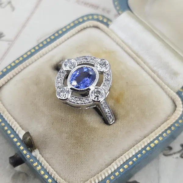 Art Deco Sapphire & Diamond Ring in Platinum- Front View 