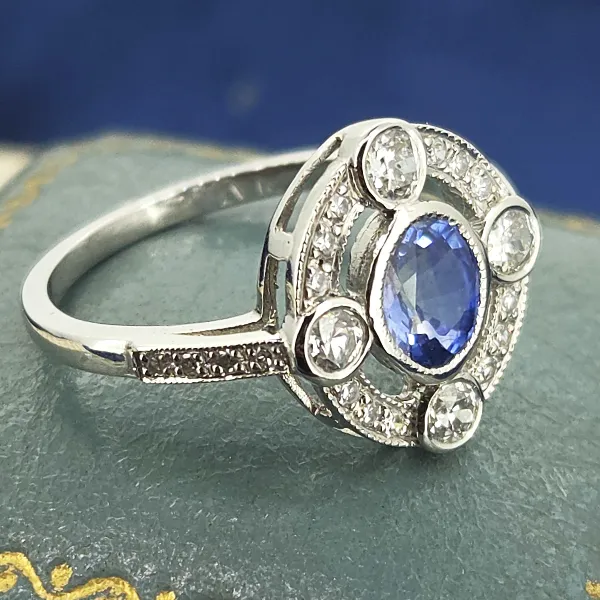 Art Deco Sapphire & Diamond Ring in Platinum- Reverse Angle 
