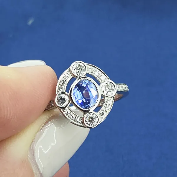 Art Deco Sapphire & Diamond Ring in Platinum- Crown View 