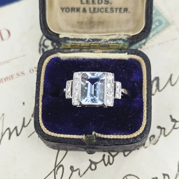 Art Deco Style Aquamarine Diamond Ring set in Platinum- Side View 