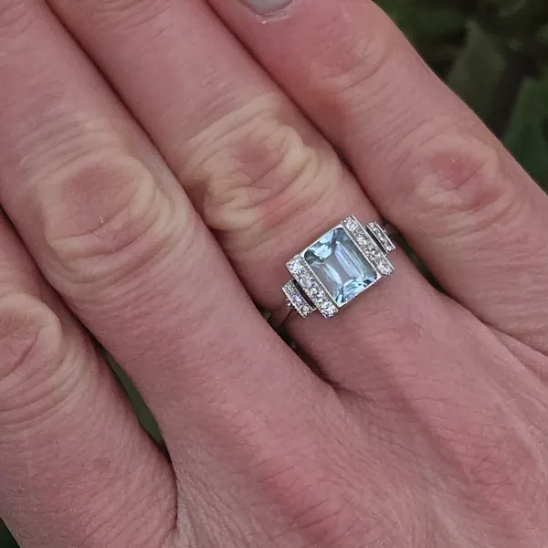 Art Deco Style Aquamarine Diamond Ring set in Platinum-Top Left View 