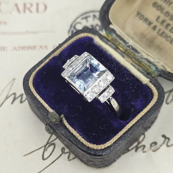 Art Deco Style Aquamarine Diamond Ring set in Platinum- Front View 