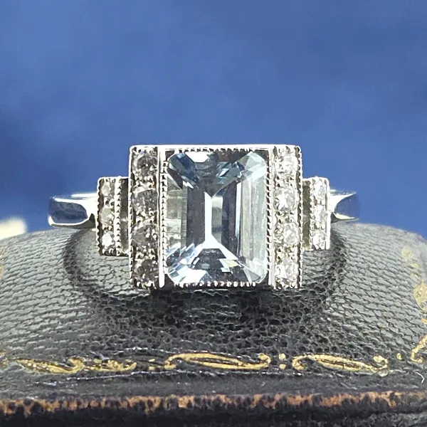 Art Deco Style Aquamarine Diamond Ring set in Platinum- Reverse Angle 