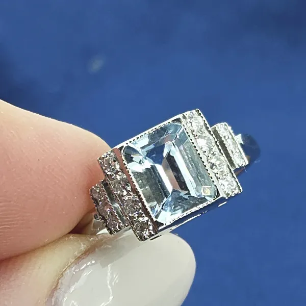 Art Deco Style Aquamarine Diamond Ring set in Platinum- Crown View 