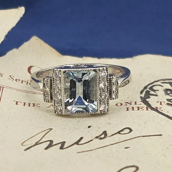 Art Deco Style Aquamarine Diamond Ring set in Platinum- Magnified 