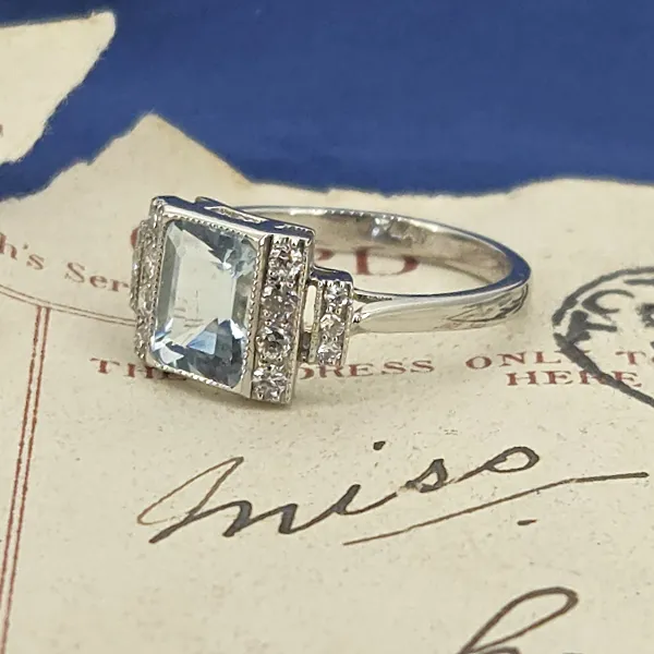 Art Deco Style Aquamarine Diamond Ring set in Platinum-Original 