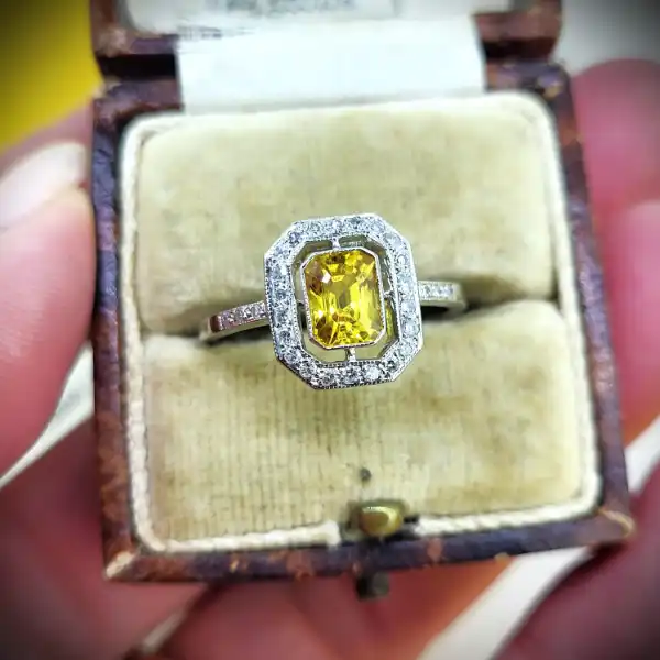 Art Deco Rings Ireland  - Platinum Art Deco Yellow Sapphire & Diamond Ring