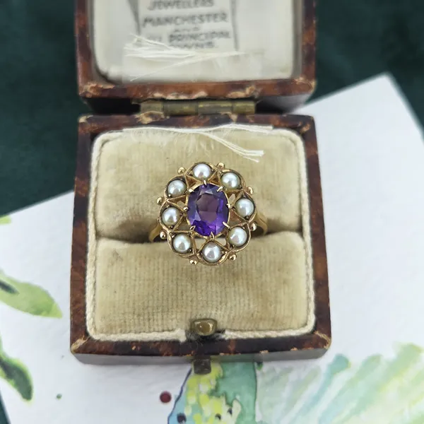 Beautiful Antique Amethyst & Seed Pearl Ring in 9ct- Side View 