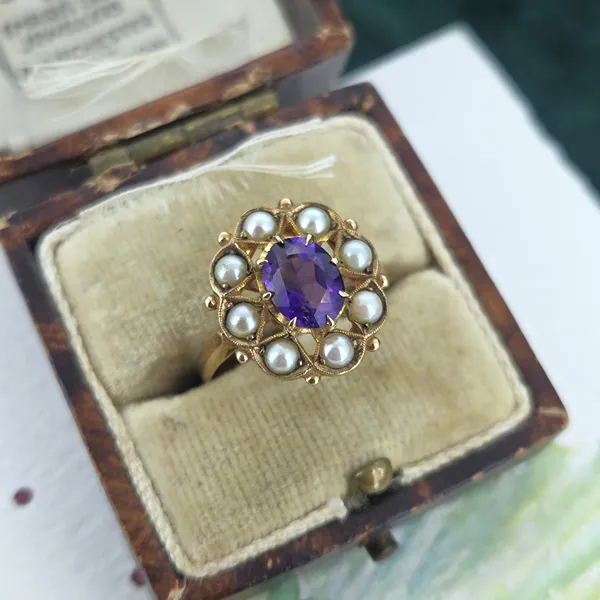 Beautiful Antique Amethyst & Seed Pearl Ring in 9ct- Front View 