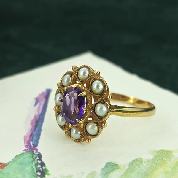 Beautiful Antique Amethyst & Seed Pearl Ring in 9ct- Crown View 
