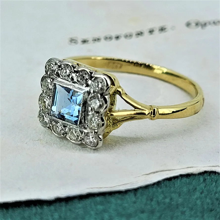 18ct Square Art Deco Inspired Aquamarine & Diamond Cluster Ring-diamond-and-aquamarive-engagement-ring.webp
