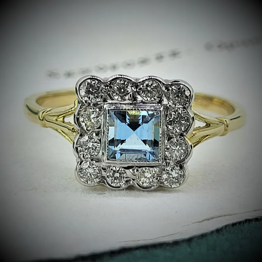 18ct Square Art Deco Inspired Aquamarine & Diamond Cluster Ring-diamond-and-aquamarive-engagement-ring.webp