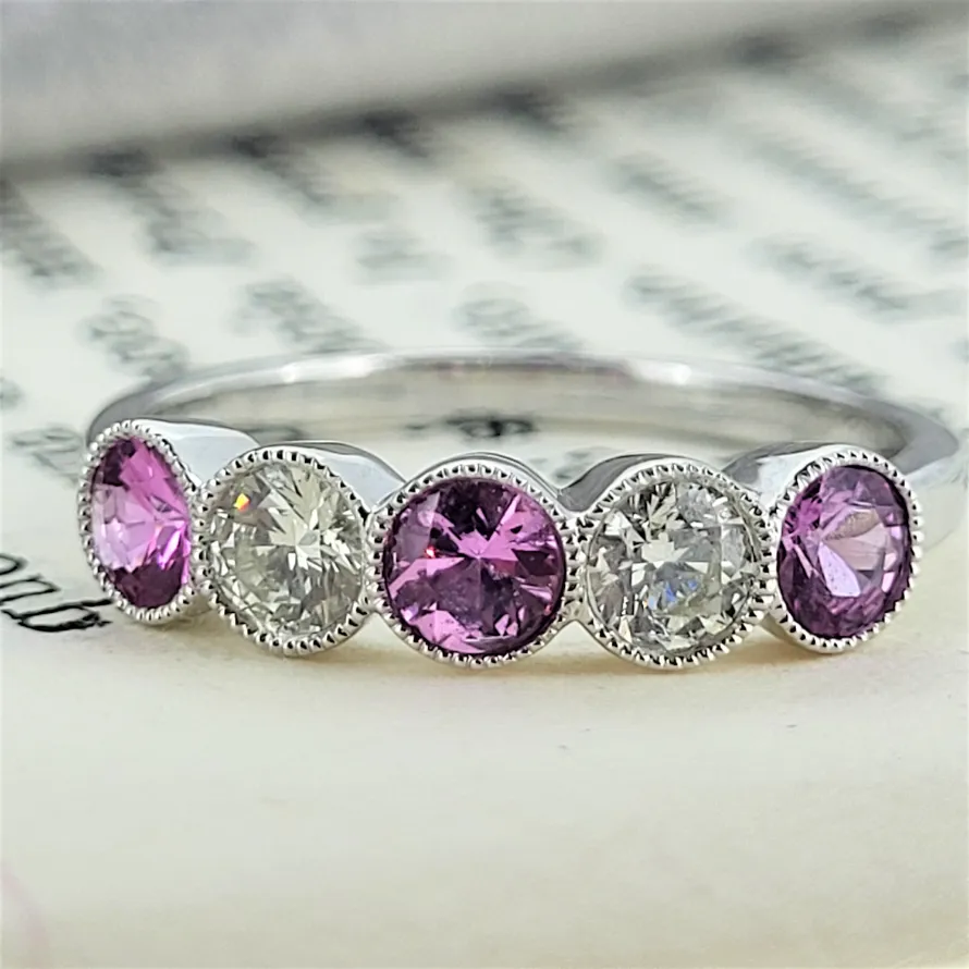 18ct White Gold Pink Sapphire and Diamond Eternity Ring-diamond-and-pink-sapphire-five-stone-dublin.webp