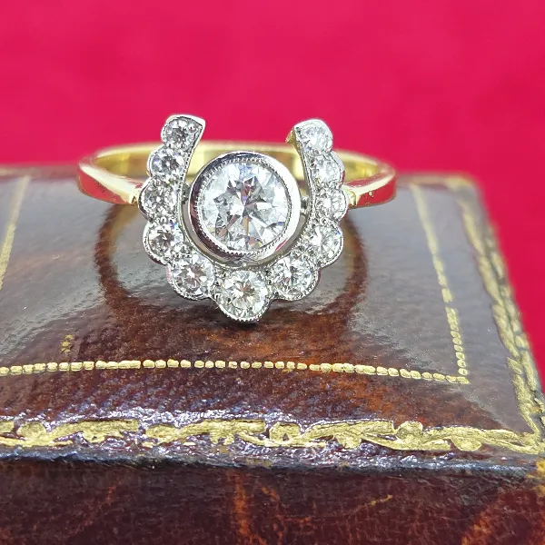 Diamond Horseshoe Ring in Platinum & Yellow Gold- Close Up 