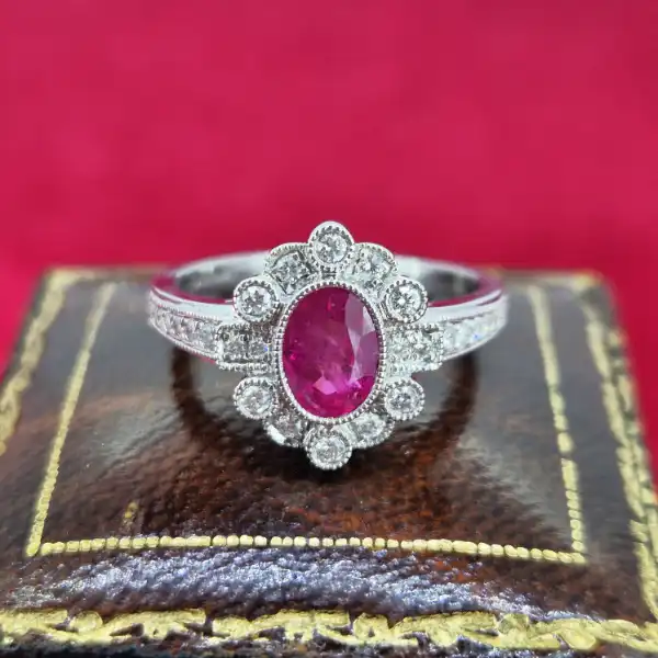 Ruby and Diamond Ring in 18ct White Gold-18ct-white-gold-ruby-diamond-cluster-with-diamond-shoulders.webp