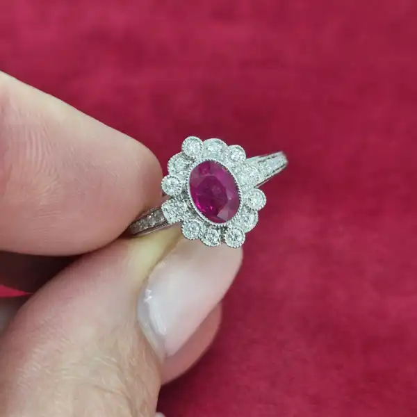 Ruby and Diamond Ring in 18ct White Gold-18ct-white-gold-ruby-diamond-cluster-with-diamond-shoulders.webp