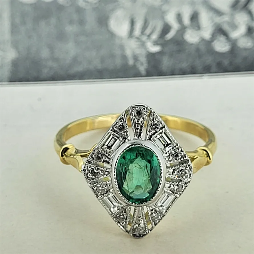 18ct Yellow Gold Emerald & Diamond Art Deco Ring-diamond-shaped-art-deco-emerald-ring.webp
