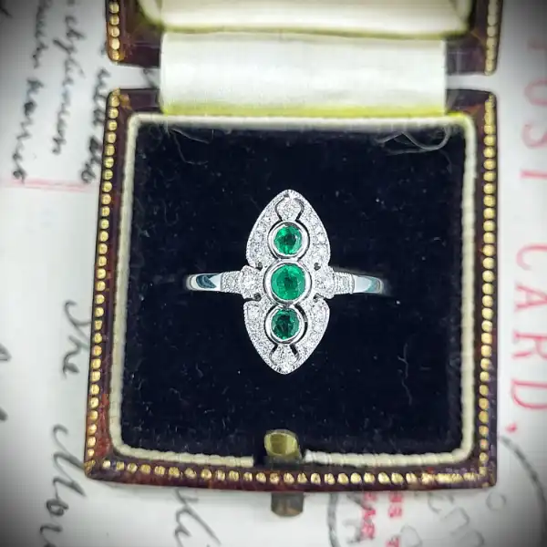 diamond Stock: Platinum Emerald & Diamond Art Deco Ring